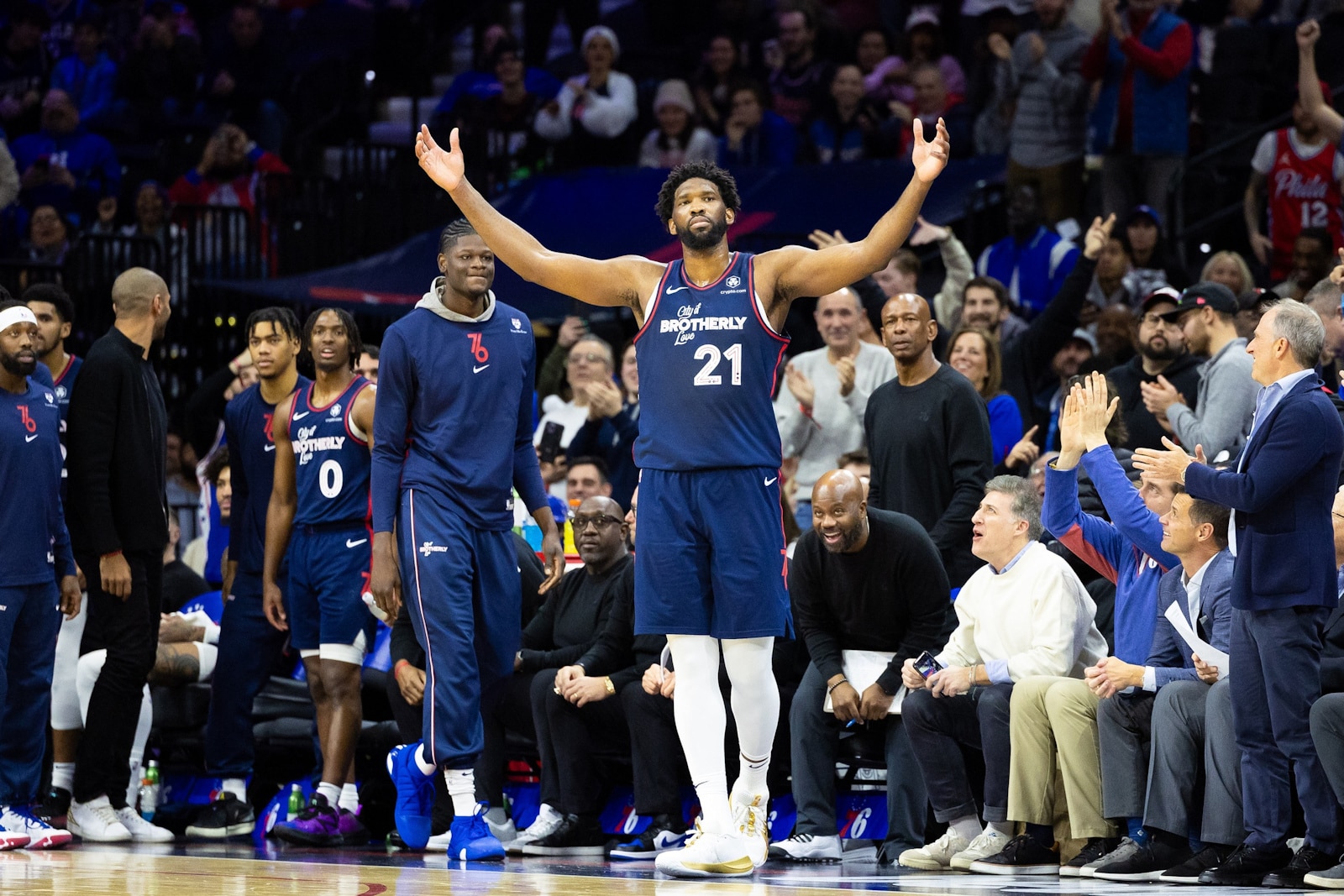 Joel Embiid with the Sixers against the Knicks