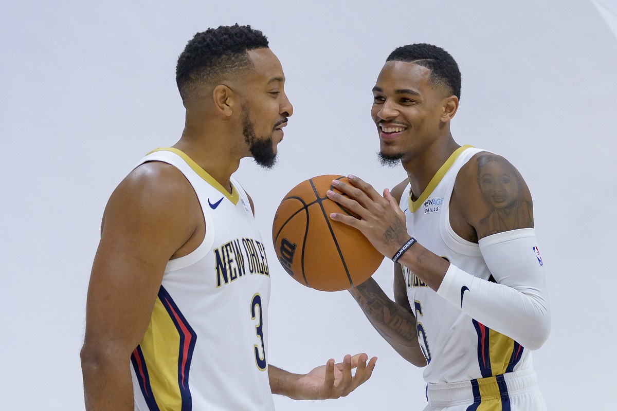 CJ McCollum and Dejounte Murray in the Pelicans jersey