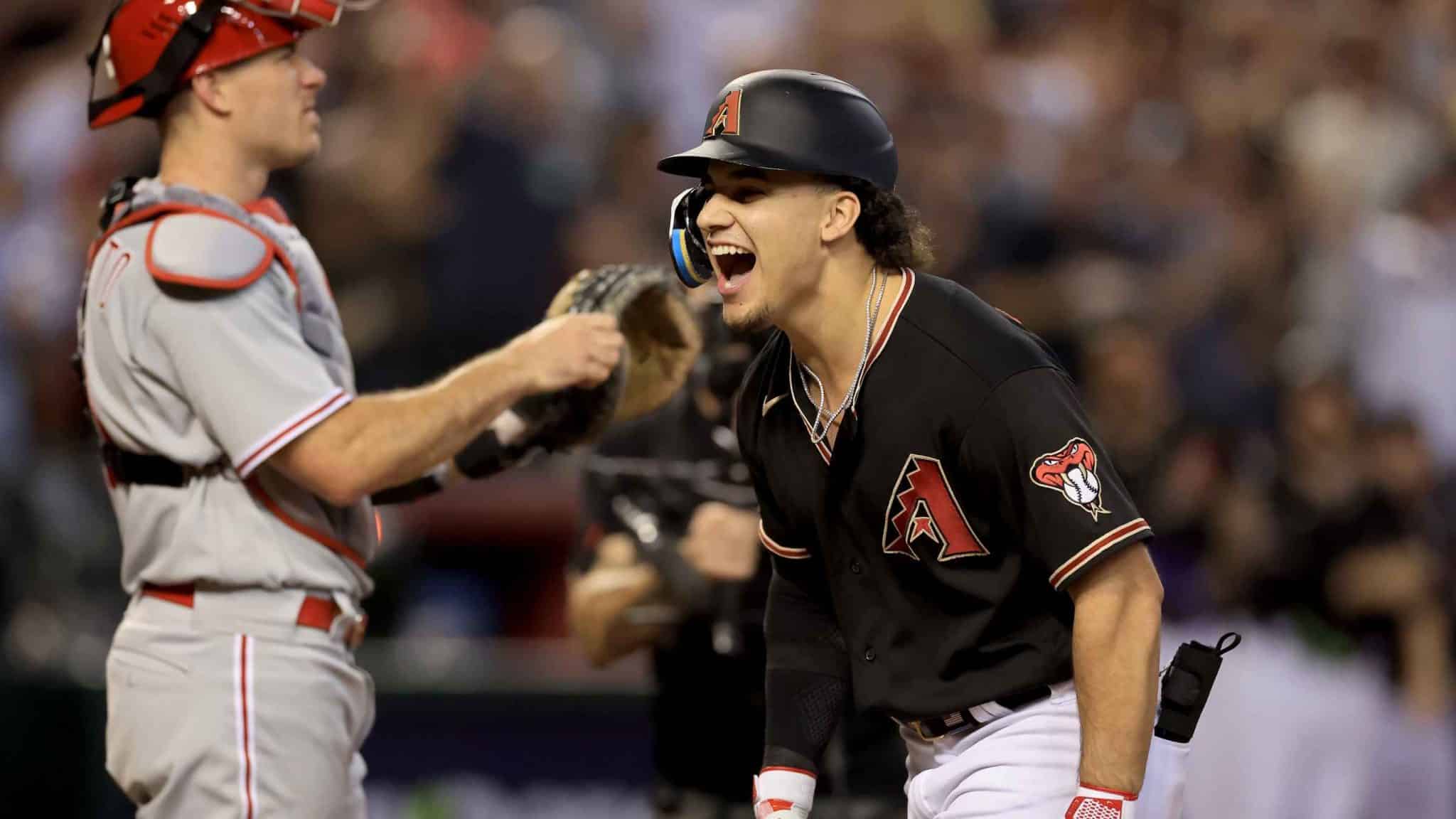 ATLANTA, GA – JULY 19: Arizona catcher Gabriel Moreno (14) reacts after  catching a pop up during the MLB game between the Arizona Diamondbacks and  the Atlanta Braves on July 19th, 2023