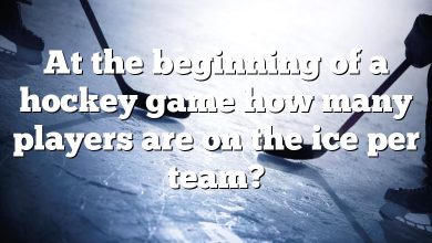 At the beginning of a hockey game how many players are on the ice per team?