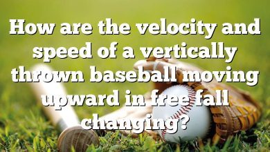 How are the velocity and speed of a vertically thrown baseball moving upward in free fall changing?
