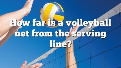 How far is a volleyball net from the serving line?