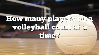 How many players on a volleyball court at a time?