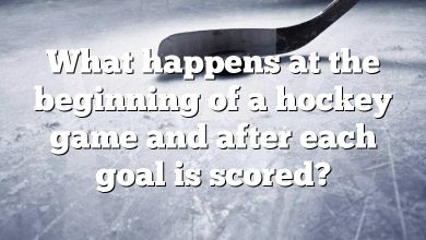 What happens at the beginning of a hockey game and after each goal is scored?