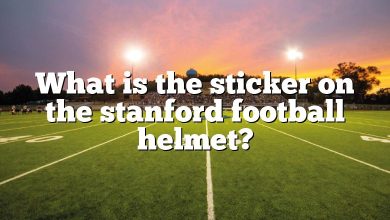 What is the sticker on the stanford football helmet?
