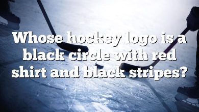 Whose hockey logo is a black circle with red shirt and black stripes?